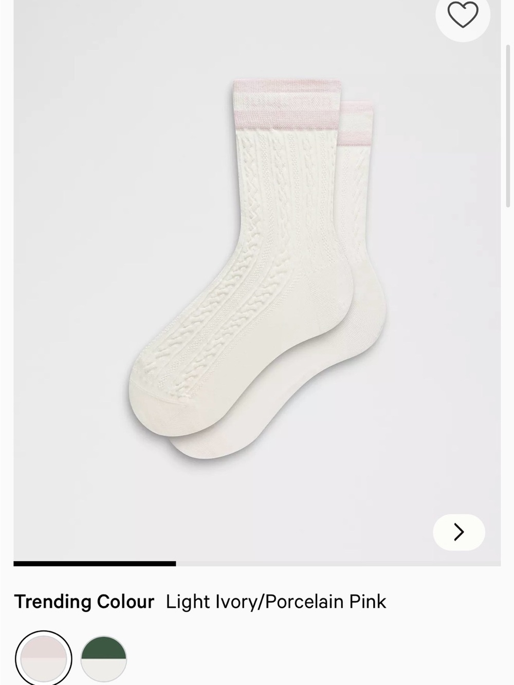 Lululemon Light Ivory Cable-Knit Crew Socks with Porcelain Pink Trim Size Medium